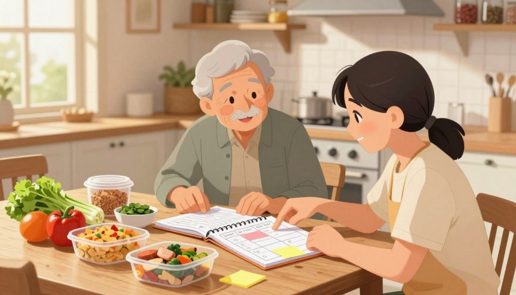 A cozy kitchen scene featuring a wooden table filled with healthy meal-prep ingredients, including colorful vegetables, grains, and proteins. In the foreground, a caregiver and an older adult are collaboratively organizing a weekly meal plan using a notebook and colorful sticky notes. The caregiver, dressed in modest casual attire, is pointing to the meal plan while the older adult, also in casual clothes, smiles appreciatively. Natural light streams in through a window, creating a warm and inviting atmosphere. In the background, shelves are lined with cookbooks and jars of spices, enhancing the homey feel. The image captures a sense of teamwork and nurturing, making meal planning a joyful and engaging activity. A cozy kitchen scene featuring a wooden table filled with healthy meal-prep ingredients, including colorful vegetables, grains, and proteins. In the foreground, a caregiver and an older adult are collaboratively organizing a weekly meal plan using a notebook and colorful sticky notes. The caregiver, dressed in modest casual attire, is pointing to the meal plan while the older adult, also in casual clothes, smiles appreciatively. Natural light streams in through a window, creating a warm and inviting atmosphere. In the background, shelves are lined with cookbooks and jars of spices, enhancing the homey feel. The image captures a sense of teamwork and nurturing, making meal planning a joyful and engaging activity.