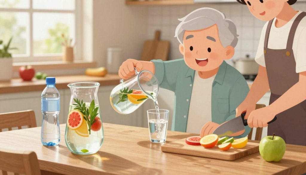 A cozy kitchen scene focused on a wooden table set with various hydration tools and servings. In the foreground, a clear pitcher filled with infused water, colorful fruits, and herbs, alongside a water bottle and a glass. In the middle, a senior adult with gray hair, wearing tidy casual clothes, pouring water into the glass with a gentle smile, while another adult is slicing fruit on a cutting board. The background features soft, natural light coming through a window, illuminating the fresh produce and creating a warm and inviting atmosphere. The focus should be on promoting hydration routines in a friendly, accessible way, without clutter.