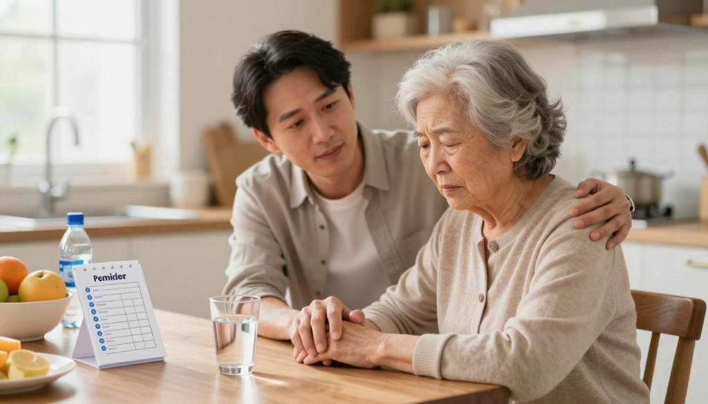 A cozy kitchen scene focused on an elderly person sitting at a table, displaying signs of mild discomfort but surrounded by a supportive family member. In the foreground, a glass of water and a hydration reminder chart are visible, emphasizing the importance of drinking fluids. In the middle, the family member gently holds the elderly person's hand, conveying care and attentiveness. The background features soft lighting streaming through a window, creating a warm atmosphere. The kitchen is well-organized, with fruits and water bottles on the counter, suggesting healthy options. The mood is warm, nurturing, and concerned, showcasing a proactive approach to dehydration in older adults. Use natural light to enhance the friendly ambiance, with a shallow depth of field to keep the focus on the subjects.