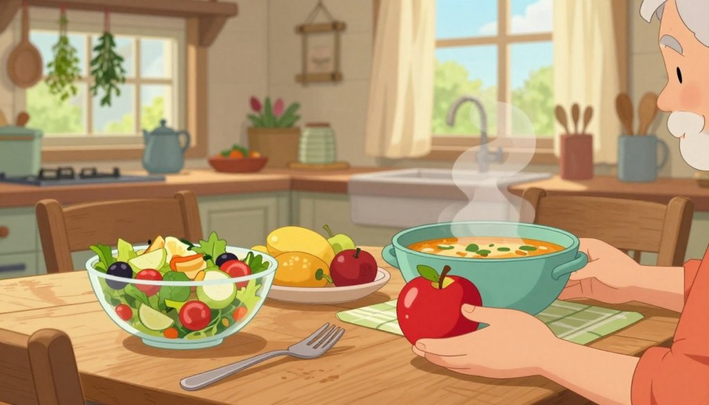A cozy kitchen scene showcasing a vibrant, appetizing spread of healthy foods on a wooden table, including a colorful salad, fresh fruits, and a steaming bowl of soup. In the foreground, a pair of hands are gently placing a bright red apple on the table, emphasizing a sense of nurturing and care. The middle ground captures a softly lit kitchen with herbs hanging by the window and a rustic dining setting. In the background, a gentle stream of natural light filters through sheer curtains, creating a warm and inviting atmosphere. The overall mood is friendly and wholesome, fostering a sense of comfort and promoting natural appetite enhancements among older adults. The image encourages a relaxed and pressure-free environment for enjoying meals. A cozy kitchen scene showcasing a vibrant, appetizing spread of healthy foods on a wooden table, including a colorful salad, fresh fruits, and a steaming bowl of soup. In the foreground, a pair of hands are gently placing a bright red apple on the table, emphasizing a sense of nurturing and care. The middle ground captures a softly lit kitchen with herbs hanging by the window and a rustic dining setting. In the background, a gentle stream of natural light filters through sheer curtains, creating a warm and inviting atmosphere. The overall mood is friendly and wholesome, fostering a sense of comfort and promoting natural appetite enhancements among older adults. The image encourages a relaxed and pressure-free environment for enjoying meals.