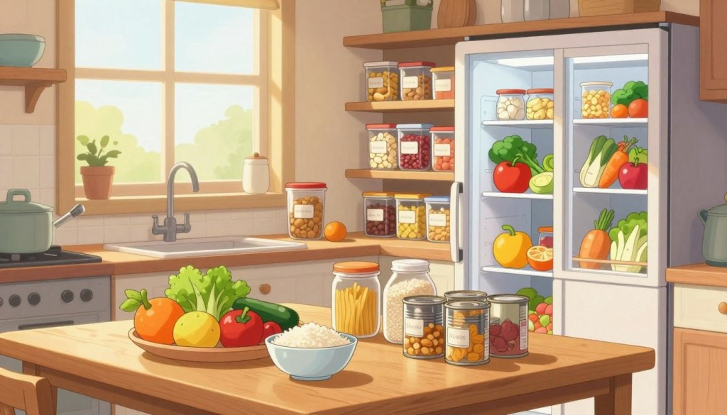 A cozy kitchen scene showcasing a well-organized pantry filled with various food supplies. In the foreground, a wooden table displays an assortment of fresh fruits and vegetables, alongside staple items like rice, pasta, and canned goods neatly arranged in bowls and jars. In the middle ground, open shelves show stacks of labeled containers holding dry goods, while a partially visible refrigerator is stocked with colorful produce. The background features warm, natural lighting streaming through a window, creating a welcoming atmosphere. The overall mood conveys comfort and accessibility, emphasizing a sense of security in food supplies at home. The kitchen should appear tidy and lived-in, evoking a feeling of care and preparation for nutritious meals. A cozy kitchen scene showcasing a well-organized pantry filled with various food supplies. In the foreground, a wooden table displays an assortment of fresh fruits and vegetables, alongside staple items like rice, pasta, and canned goods neatly arranged in bowls and jars. In the middle ground, open shelves show stacks of labeled containers holding dry goods, while a partially visible refrigerator is stocked with colorful produce. The background features warm, natural lighting streaming through a window, creating a welcoming atmosphere. The overall mood conveys comfort and accessibility, emphasizing a sense of security in food supplies at home. The kitchen should appear tidy and lived-in, evoking a feeling of care and preparation for nutritious meals.