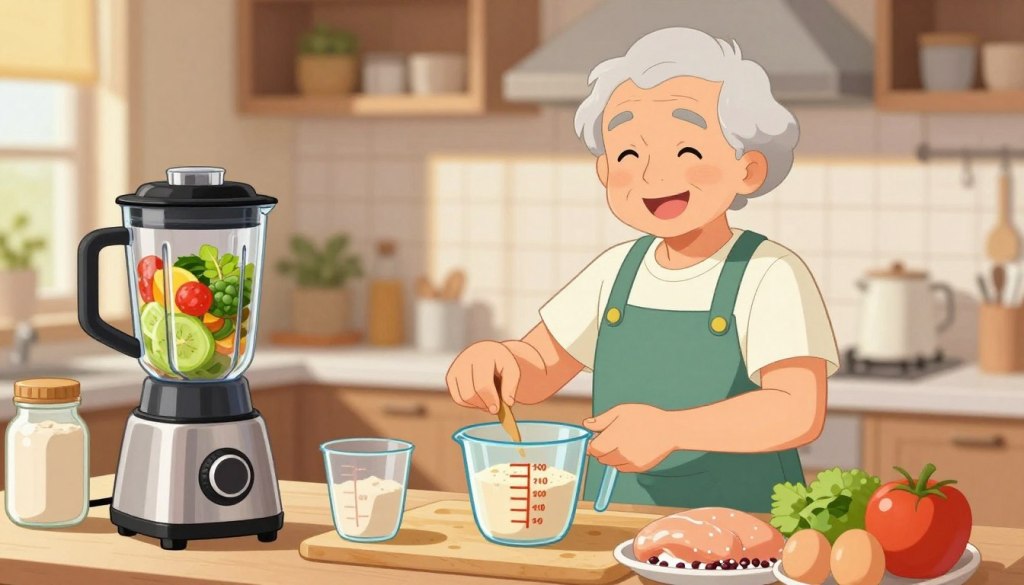 A cozy kitchen scene with an older adult in professional casual wear, smiling as they prepare a nutritious protein shake. In the foreground, there is a blender filled with vibrant fruits, leafy greens, and protein powder, alongside a measuring cup and fresh ingredients. The older adult, displaying healthy muscle tone, is engaging with the ingredients, suggesting an active lifestyle. In the middle ground, a countertop is adorned with a variety of protein-rich foods like eggs, chicken breast, and legumes, promoting the theme of protein intake. The background features warm lighting from a window, creating an inviting atmosphere. The overall mood is positive and encouraging, emphasizing the importance of adequate protein for muscle maintenance in older adults.