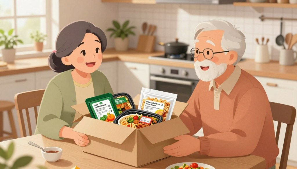 A cozy kitchen setting featuring a senior couple sitting at a dining table, both smiling while examining a box filled with healthy meal options from a meal delivery service. The box is open, showcasing various colorful microwaveable meals in eco-friendly packaging, with labels highlighting healthy ingredients. The foreground captures the couple's joyful expressions, while the middle ground features the box and meals; in the background, a well-lit kitchen with plants and cooking utensils adds warmth. Soft, natural lighting enhances the inviting atmosphere, giving the scene a comforting feel. The angle is slightly above eye level, creating an inclusive viewpoint that invites the viewer into the moment. A cozy kitchen setting featuring a senior couple sitting at a dining table, both smiling while examining a box filled with healthy meal options from a meal delivery service. The box is open, showcasing various colorful microwaveable meals in eco-friendly packaging, with labels highlighting healthy ingredients. The foreground captures the couple's joyful expressions, while the middle ground features the box and meals; in the background, a well-lit kitchen with plants and cooking utensils adds warmth. Soft, natural lighting enhances the inviting atmosphere, giving the scene a comforting feel. The angle is slightly above eye level, creating an inclusive viewpoint that invites the viewer into the moment.