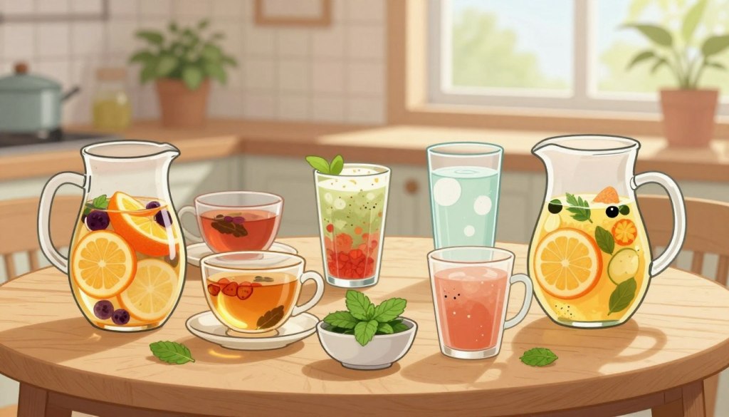 A cozy kitchen setting filled with natural light, showcasing a wooden table laden with an assortment of colorful, healthy drink options ideal for seniors. In the foreground, a clear glass pitcher of infused fruit water with slices of citrus and berries, alongside a small bowl of fresh herbs like mint. In the middle, various healthful drinks, such as herbal teas, low-sugar smoothies in clear cups, and a tall glass of coconut water, are artfully arranged. The background features soft-focus elements like green plants and a sunny window, creating a warm, inviting atmosphere. The overall mood is friendly and encouraging, embodying healthy lifestyle choices without any clutter. Capture this scene with a soft focus lens to enhance the inviting ambiance.