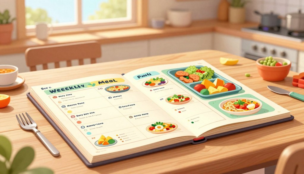 A cozy kitchen table is set with a neatly organized weekly meal plan, featuring colorful, nutritious dishes arranged in compartments. The foreground showcases a colorful weekly planner with various meal options, like salads, soups, and easy-to-cook recipes. In the middle background, a sunny window with light streaming in illuminates the scene, enhancing the inviting atmosphere. A few kitchen utensils and ingredients are subtly placed around the meal plan, creating an environment that suggests meal preparation. The mood is warm and friendly, highlighting simplicity and comfort. The image is well-lit with soft shadows and a slight depth of field to focus on the meal plan, evoking a sense of ease and routine ideal for seniors. A cozy kitchen table is set with a neatly organized weekly meal plan, featuring colorful, nutritious dishes arranged in compartments. The foreground showcases a colorful weekly planner with various meal options, like salads, soups, and easy-to-cook recipes. In the middle background, a sunny window with light streaming in illuminates the scene, enhancing the inviting atmosphere. A few kitchen utensils and ingredients are subtly placed around the meal plan, creating an environment that suggests meal preparation. The mood is warm and friendly, highlighting simplicity and comfort. The image is well-lit with soft shadows and a slight depth of field to focus on the meal plan, evoking a sense of ease and routine ideal for seniors.