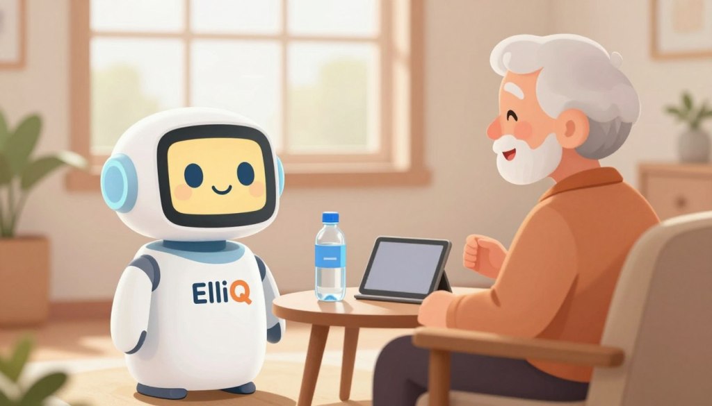 A cozy, lightly lit indoor setting featuring ElliQ, the robot companion, engaging in conversation with an older adult. In the foreground, ElliQ is depicted with a friendly, approachable design, its screen displaying a soft, warm smile. The older adult, dressed in comfortable attire, appears engaged and happy, seated in a relaxed chair with a small table nearby. In the middle ground, various wellness items such as a water bottle, a book, and a tablet are visible, suggesting a focus on cognitive activities and routines. The background shows a bright window with soft daylight filtering in, adding a warm atmosphere, enhancing the mood of companionship and wellness. The focus is on connection and interaction, with a sense of positivity and support. A cozy, lightly lit indoor setting featuring ElliQ, the robot companion, engaging in conversation with an older adult. In the foreground, ElliQ is depicted with a friendly, approachable design, its screen displaying a soft, warm smile. The older adult, dressed in comfortable attire, appears engaged and happy, seated in a relaxed chair with a small table nearby. In the middle ground, various wellness items such as a water bottle, a book, and a tablet are visible, suggesting a focus on cognitive activities and routines. The background shows a bright window with soft daylight filtering in, adding a warm atmosphere, enhancing the mood of companionship and wellness. The focus is on connection and interaction, with a sense of positivity and support.