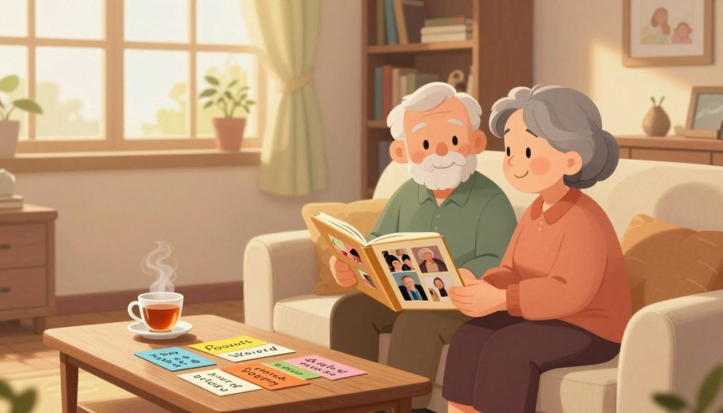 A cozy living room scene featuring a warm and inviting atmosphere, with a soft, golden afternoon light filtering through large windows. In the foreground, a loving grandfather and grandmother, dressed in modest, casual clothing, sit on a comfortable sofa, gently smiling at each other as they hold a scrapbook filled with family photos. In the middle ground, a small wooden coffee table displays a steaming cup of tea and a collection of story prompts written on colorful cards, inviting storytelling. The background shows a cozy bookshelf filled with books and family mementos, enhancing the nostalgic feel. The overall mood is nurturing and heartwarming, perfect for encouraging intergenerational conversation and connection through storytelling.
