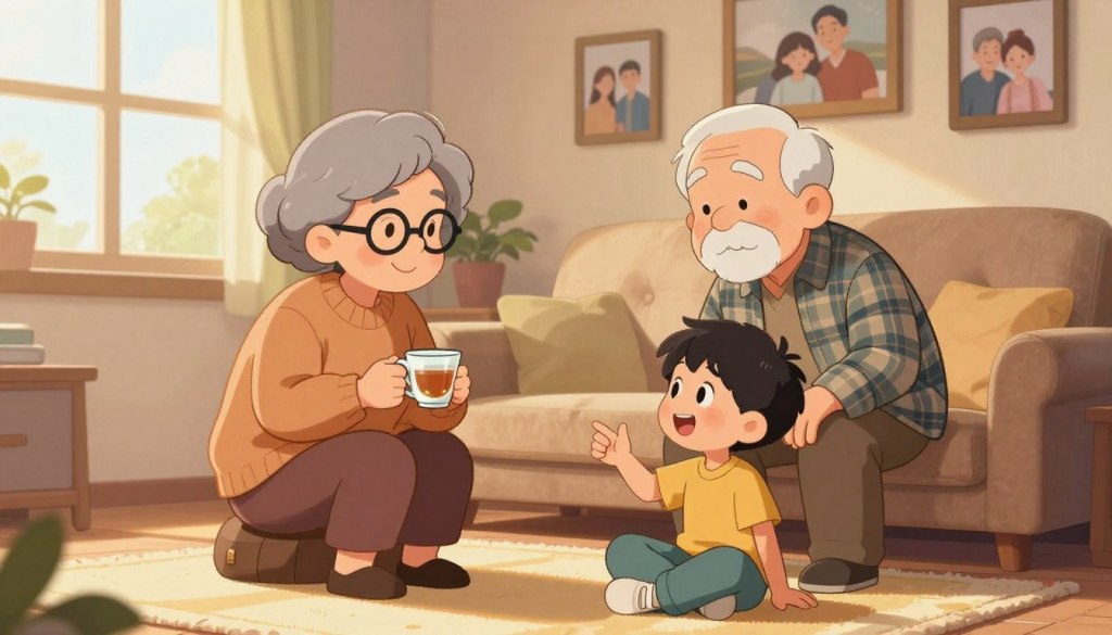 A cozy living room scene featuring two grandparents actively listening to their grandchild. The grandmother, dressed in a warm sweater and glasses, smiles encouragingly while holding a cup of tea. The grandfather, in a plaid shirt, leans slightly forward, showing interest, with his hands clasped. The grandchild, a cheerful young boy, animatedly shares a story, sitting cross-legged on the floor. Sunlight filters through a nearby window, casting a soft glow on the scene, creating a warm, inviting atmosphere. In the background, family photos adorn the walls, enhancing the sense of connection and love. The image captures the essence of attentive listening and meaningful conversation, evoking warmth and closeness.