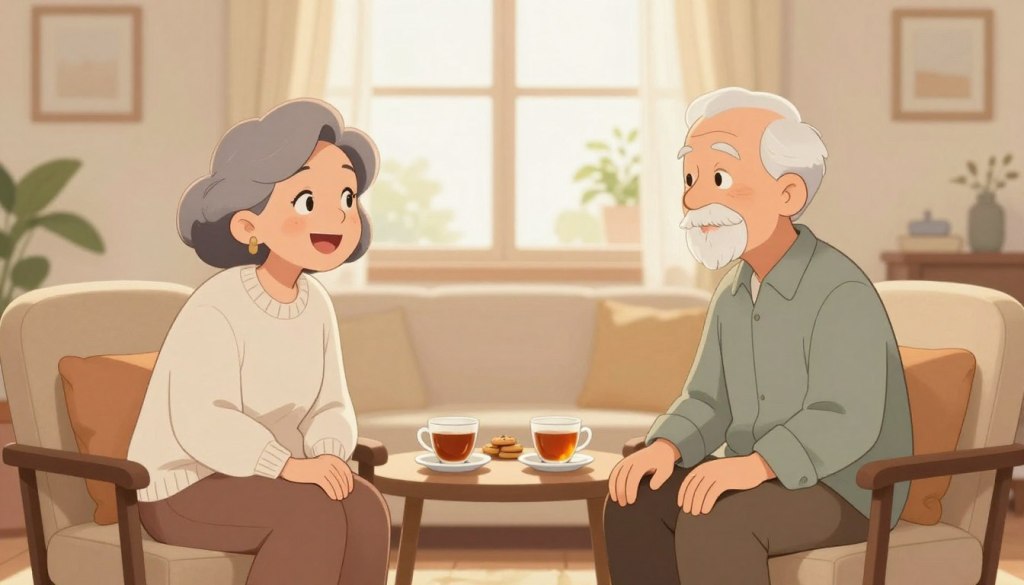 A cozy living room scene showcasing two senior friends engaged in a warm, animated conversation. In the foreground, a smiling woman in a light sweater and a man in a collared shirt sit across from one another on comfortable chairs, leaning slightly forward, showcasing their interest and connection. The middle layer reveals a small coffee table between them adorned with tea and cookies, adding a homey touch. In the background, soft natural light streams through a window with sheer curtains, creating a welcoming atmosphere. The overall mood is friendly and inviting, encouraging connection and communication among seniors, portrayed through their expressions and body language, emphasizing the joy of conversation.