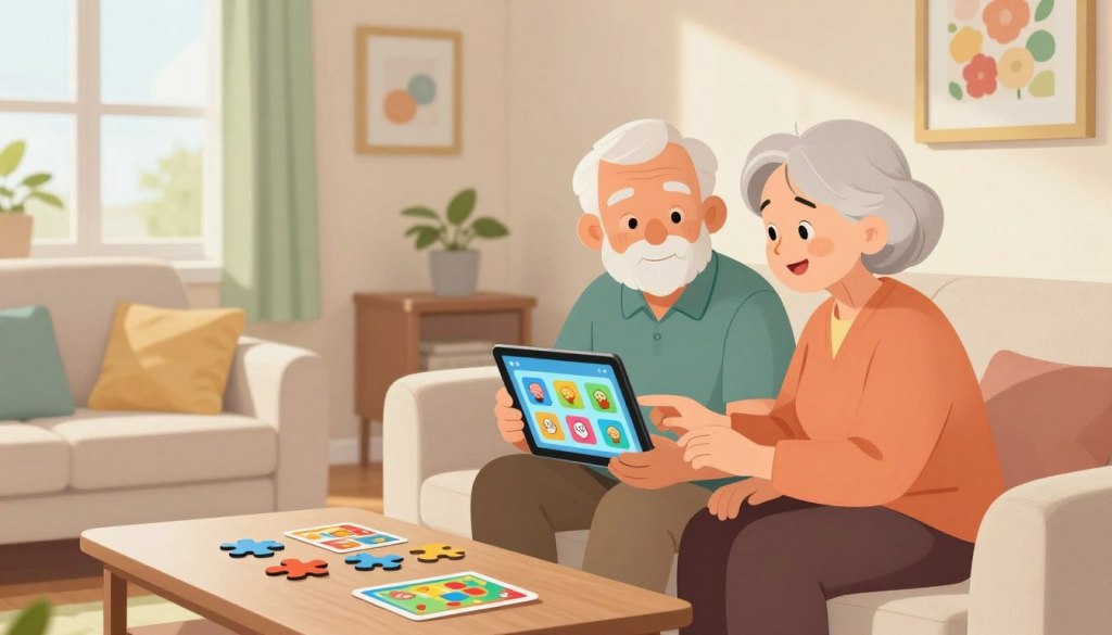 A cozy living room setting designed for seniors, featuring a bright, inviting atmosphere with soft, natural lighting filtering through large windows. In the foreground, an elderly couple—one man and one woman—are sitting together on a comfortable sofa, both dressed in modest casual clothing. They are focused on a tablet in the woman’s hands, displaying vibrant icons of popular brain game apps. The middle ground features a coffee table with a few scattered puzzle pieces and colorful game cards, highlighting cognitive activities. In the background, light-colored walls adorned with cheerful artwork create a warm experience, emphasizing a sense of community and engagement, perfectly suiting the theme of brain games for older adults. The overall mood is friendly, encouraging, and supportive, making it an ideal environment for intellectual stimulation.