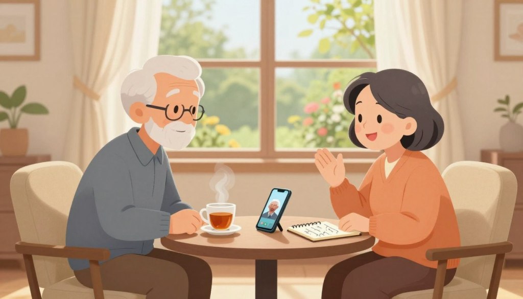 A cozy living room setting filled with warmth and light, showcasing a small table surrounded by two comfortable chairs. On the table, a steaming cup of tea, a smartphone displaying a video call, and a notepad with conversation ideas written on it. In the background, a window reveals a serene garden view, with soft natural light filtering through sheer curtains. The cozy atmosphere encourages connection, emphasizing the importance of communication for seniors. A friendly elderly man and woman, dressed in modest casual clothing, are engaged in conversation, smiling and enjoying each other's company. The scene is depicted with soft focus on the background and warm lighting, creating a welcoming and inviting mood that promotes ongoing conversations.