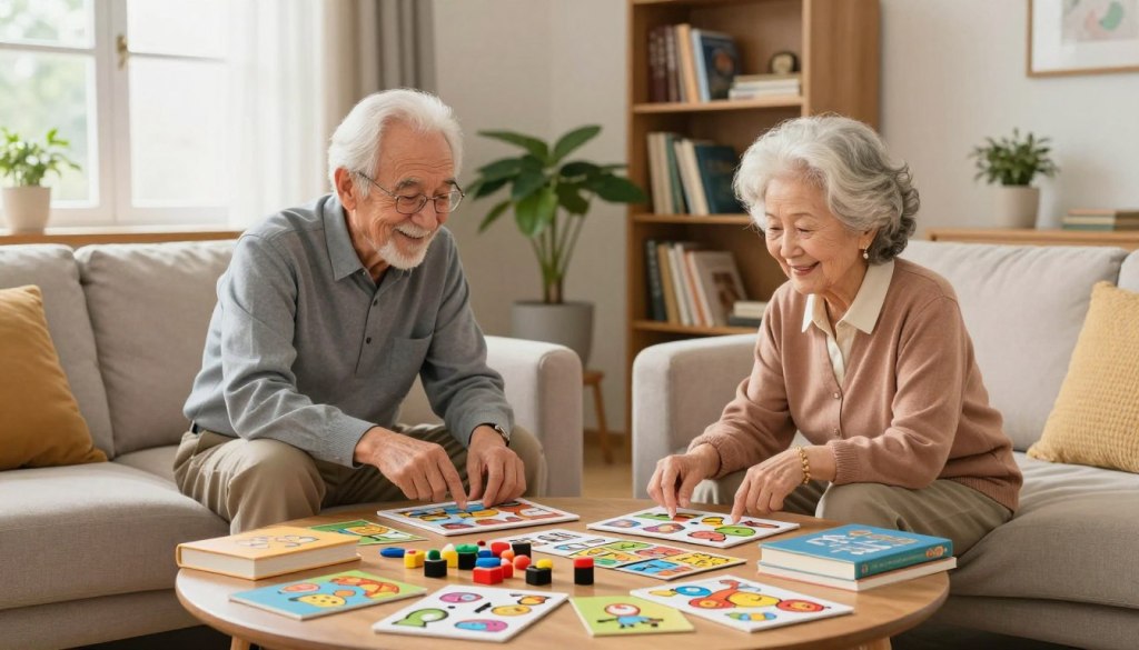 A cozy living room where an older adult gentleman and lady are engaged in brain training activities. In the foreground, a round coffee table cluttered with engaging puzzles, brain teasers, and colorful books on cognitive exercises. The middle ground features the two seniors, dressed in professional casual attire, smiling and focused on their tasks. Soft, warm lighting floods the scene from a nearby window, creating an inviting atmosphere. In the background, a bookshelf filled with more educational resources and a potted plant adds a touch of greenery. The overall mood conveys friendship, learning, and mental engagement, emphasizing a positive and supportive environment for seniors actively participating in brain activities.
