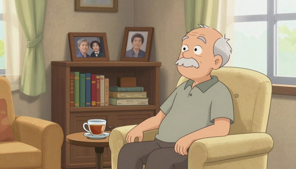 A cozy, softly lit living room scene depicting a senior living alone, creating an atmosphere of reflection and solitude. In the foreground, an elderly man in modest casual clothing sits in an armchair, gazing thoughtfully out of a window, with a cup of tea on a small side table beside him. The middle ground features a bookshelf filled with well-loved books and framed family photos, suggesting a rich life history. The background displays warm, natural light filtering in through sheer curtains, enhancing a sense of calm and safety. The overall mood is introspective, highlighting the emotional landscape of seniors living alone, evoking feelings of nostalgia and a hint of wistfulness, while promoting a sense of comfort and stability. The image composition should emphasize warmth and tranquility, focusing on the richness of everyday life.