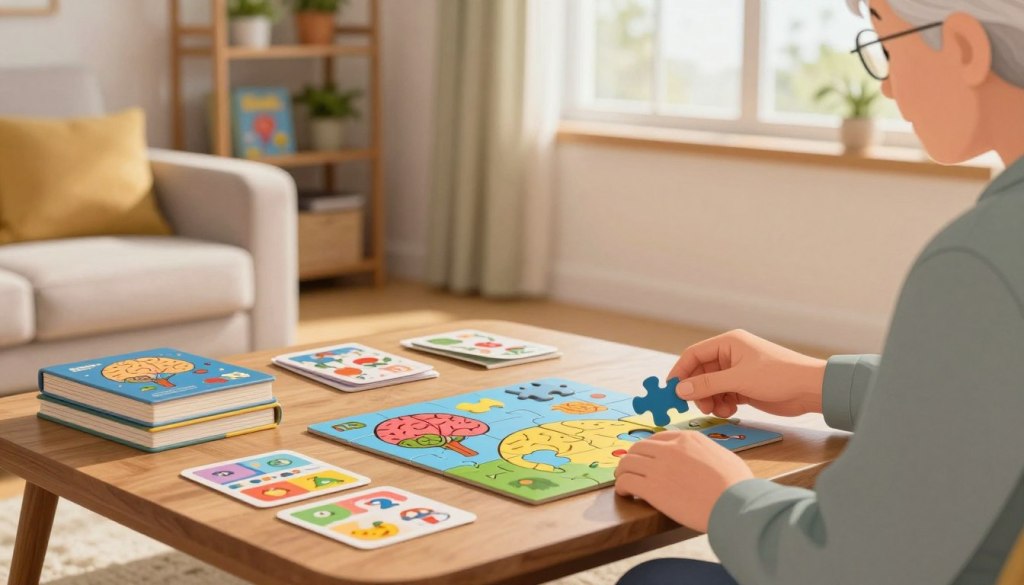 A cozy, well-lit living room scene featuring a wooden coffee table adorned with various brain-boosting activities, including colorful puzzles, memory cards, and a few neatly arranged books. In the foreground, a pair of hands of a senior person, dressed in modest casual clothing, is thoughtfully placing the final piece of a jigsaw puzzle. The middle ground reveals a comfortable armchair and a window with soft natural light streaming in, casting gentle shadows. In the background, shelves filled with plants and more games create an inviting atmosphere. The overall mood is warm, encouraging, and engaging, suggesting a sense of calm and focus as the viewer is invited to join in these stimulating activities.