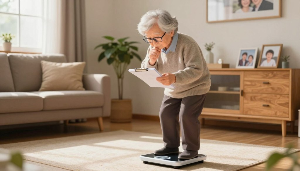 A cozy, well-lit living room setting showcasing an elderly person, dressed in comfortable yet modest casual attire, standing on a scale. The individual appears thoughtful and focused, perhaps holding a notepad to record results. In the background, warm wooden furniture, a plant, and family photos create a homely atmosphere. Natural light filters through a window, casting a soft glow on the scene, emphasizing the importance of personal health assessment at home. The angle should capture both the scale and the elder, with a gentle depth of field effect blurring the background slightly. The mood is calm and reflective, highlighting the seriousness of monitoring unintentional weight loss without being alarmist.
