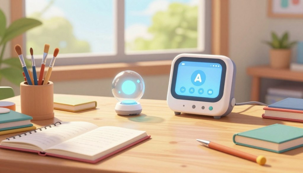 A cozy, well-lit workspace filled with various hobby tools, such as paintbrushes, sketchbooks, knitting needles, and a small electronic device showcasing an AI companion interface. In the foreground, a warm wooden table displays these tools, invitingly arranged as if someone has just left the scene. In the middle, a gentle interaction is suggested with the AI device, featuring soft, glowing lights indicating engagement. The background showcases a serene window view with greenery, illuminated by natural sunlight to create a vibrant atmosphere. The mood is optimistic and creative, emphasizing the connection between the hobby tools and the AI companion that inspires and nurtures creativity. The image captures a moment of inspiration in a friendly, safe environment. A cozy, well-lit workspace filled with various hobby tools, such as paintbrushes, sketchbooks, knitting needles, and a small electronic device showcasing an AI companion interface. In the foreground, a warm wooden table displays these tools, invitingly arranged as if someone has just left the scene. In the middle, a gentle interaction is suggested with the AI device, featuring soft, glowing lights indicating engagement. The background showcases a serene window view with greenery, illuminated by natural sunlight to create a vibrant atmosphere. The mood is optimistic and creative, emphasizing the connection between the hobby tools and the AI companion that inspires and nurtures creativity. The image captures a moment of inspiration in a friendly, safe environment.