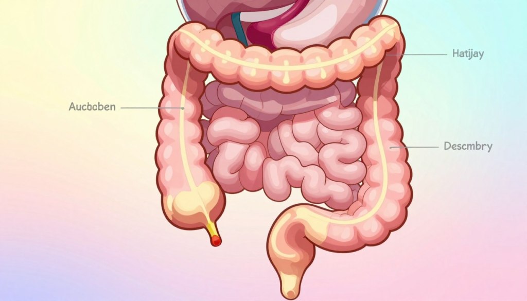 A detailed anatomical illustration of the human bowel, specifically focusing on the colon and rectum, displayed in a clear, educational style. In the foreground, a labeled diagram of the bowel structure, with bright colors for clarity. The middle ground features subtle annotations that indicate various sections, such as ascending colon and descending colon, in a professional font. The background should have a soft gradient in pastel colors to create a calming atmosphere, symbolizing health and well-being. Use soft, diffuse lighting to enhance the visibility of the details, with a slight overhead angle to give depth to the illustration. The overall mood is informative and supportive, suitable for readers seeking knowledge about digestive health.