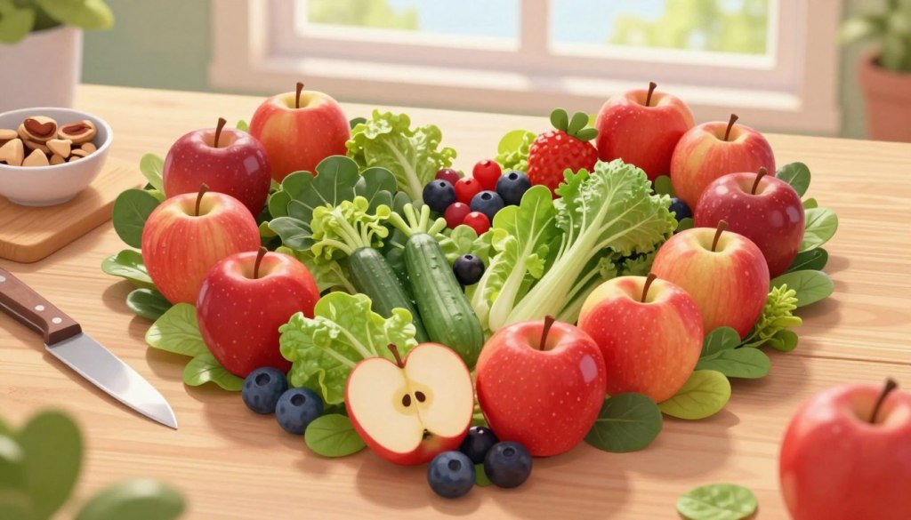 A heart-shaped arrangement made of fresh fruits and vegetables, symbolizing heart health. In the foreground, vibrant red apples, leafy greens, and vibrant berries are artfully displayed, creating a visually appealing contrast. In the middle ground, a wooden cutting board holds a knife and a small bowl of heart-healthy nuts. In the background, soft, natural light filters through a window, casting a warm glow on the scene and enhancing the colors of the produce. The atmosphere feels inviting and warm, emphasizing the importance of nutrition in maintaining heart health, especially for older adults. The image should convey a sense of care and wellness, focusing on healthy eating habits.