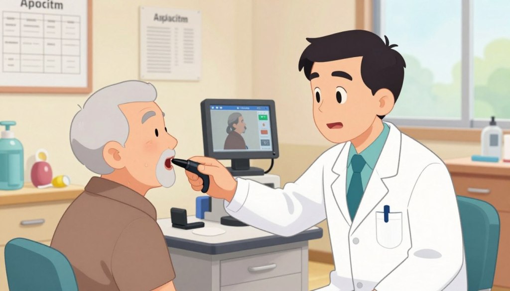 A medical professional in a modern clinic setting, evaluating an elderly patient for dysphagia. In the foreground, a compassionate clinician, dressed in professional attire, carefully observes the patient’s swallowing process, using a video fluoroscopy device. The middle ground features a well-organized examination room, equipped with medical charts, swallowing therapy aids, and diagnostic tools, providing a sense of professionalism. In the background, soft, warm lighting enhances the inviting atmosphere, with a window showing a serene view of nature. The mood is supportive and attentive, reflecting the importance of proper evaluation and treatment for seniors facing swallowing difficulties. The angle is slightly elevated, capturing both the clinician's focused expression and the patient’s engagement in the assessment. A medical professional in a modern clinic setting, evaluating an elderly patient for dysphagia. In the foreground, a compassionate clinician, dressed in professional attire, carefully observes the patient’s swallowing process, using a video fluoroscopy device. The middle ground features a well-organized examination room, equipped with medical charts, swallowing therapy aids, and diagnostic tools, providing a sense of professionalism. In the background, soft, warm lighting enhances the inviting atmosphere, with a window showing a serene view of nature. The mood is supportive and attentive, reflecting the importance of proper evaluation and treatment for seniors facing swallowing difficulties. The angle is slightly elevated, capturing both the clinician's focused expression and the patient’s engagement in the assessment.