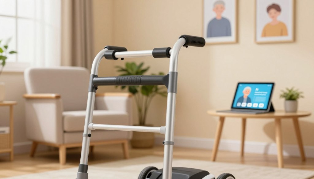 A modern mobility support tool designed for seniors, prominently displayed in the foreground, featuring a sleek, ergonomic walking aid with an adjustable height and supportive grips. In the middle ground, soft, natural lighting illuminates a cozy room that shows a comfortable chair and a small table with a tablet displaying an AI companion app for conversation. The background includes warm-toned walls adorned with encouraging motivational pictures and plants that enhance the inviting atmosphere. Ensure the composition has a slightly elevated angle that allows viewers to appreciate both the tool and the environment, creating a sense of reassurance and accessibility. The mood should be uplifting and friendly, emphasizing practicality and support for physical care.