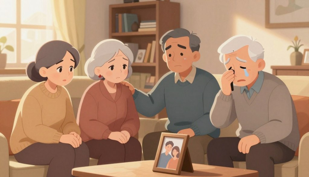 A poignant scene depicting a small group of elderly friends gathered in a cozy living room, their expressions reflecting deep sadness but also connection. In the foreground, two women in modest casual clothing hold hands, their faces showing empathy and understanding, while an older man, dressed in a neat sweater, wipes away a tear. In the middle ground, a comforting arm rests on a shoulder, symbolizing support. Soft sunlight filters through the curtains, casting a warm glow on the scene, enhancing the mood of solace. On a coffee table nearby, a framed photo of a smiling couple evokes memories of loss. The background showcases a serene bookshelf filled with mementos, creating an atmosphere of warmth and introspection. The image conveys the delicate balance between grief and the strength found in companionship.
