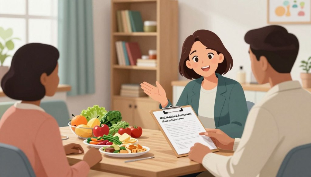 A professional and friendly assessment scene in a well-lit consulting room. In the foreground, a diverse group of three adults, including a middle-aged woman in business casual attire, is discussing a Mini Nutritional Assessment Short-Form on a clipboard. The woman gestures towards the form, illustrating the process of screening for malnutrition risk. In the middle ground, a wooden table holds healthy food options like fruits, vegetables, and a balanced meal plate, symbolizing nutrition awareness. The background features soft, reassuring colors with shelves of books on nutrition and wellness, and a window letting in natural light, creating a welcoming atmosphere. The overall mood is supportive and informative, inviting viewers to connect with the importance of nutritional assessments.