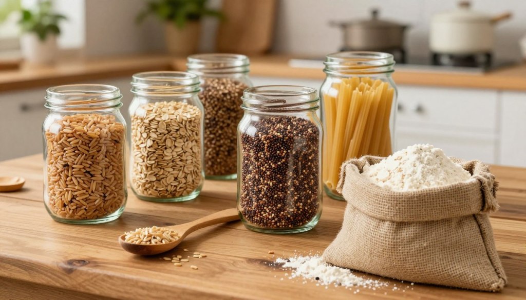 A rustic wooden table displays a variety of whole grains, including brown rice, quinoa, whole wheat pasta, and oats in clear glass jars. Each grain is highlighted under warm, natural lighting that enhances their textures and colors. The foreground shows a burlap sack filled with whole grain flour, adding an organic touch. In the middle ground, a wooden spoon rests beside the jars, inviting the viewer to explore healthy cooking options. The background features a softly blurred kitchen with hints of green plants and natural elements, creating a vibrant, wholesome atmosphere. The composition evokes a sense of affordability and nutrition, perfect for illustrating healthy, budget-friendly food choices. A rustic wooden table displays a variety of whole grains, including brown rice, quinoa, whole wheat pasta, and oats in clear glass jars. Each grain is highlighted under warm, natural lighting that enhances their textures and colors. The foreground shows a burlap sack filled with whole grain flour, adding an organic touch. In the middle ground, a wooden spoon rests beside the jars, inviting the viewer to explore healthy cooking options. The background features a softly blurred kitchen with hints of green plants and natural elements, creating a vibrant, wholesome atmosphere. The composition evokes a sense of affordability and nutrition, perfect for illustrating healthy, budget-friendly food choices.