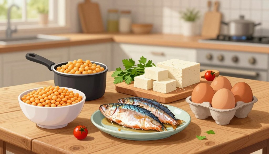A rustic wooden table serves as the foreground, featuring an array of affordable protein staples: a bowl of lentils, a plate of canned tuna, and a bundle of eggs, all beautifully arranged. In the middle ground, there is a small pot of chickpeas and a cutting board displaying fresh tofu cubes, surrounded by sprigs of parsley and a few cherry tomatoes for color. The background reveals a softly blurred kitchen scene with warm, natural lighting filtering through a window, creating an inviting and cozy atmosphere. The focus is crisp on the protein-rich foods, emphasizing their freshness and versatility in budget-friendly meals. This image embodies a sense of wholesome nutrition, showcasing the accessibility and appeal of hearty, affordable proteins. A rustic wooden table serves as the foreground, featuring an array of affordable protein staples: a bowl of lentils, a plate of canned tuna, and a bundle of eggs, all beautifully arranged. In the middle ground, there is a small pot of chickpeas and a cutting board displaying fresh tofu cubes, surrounded by sprigs of parsley and a few cherry tomatoes for color. The background reveals a softly blurred kitchen scene with warm, natural lighting filtering through a window, creating an inviting and cozy atmosphere. The focus is crisp on the protein-rich foods, emphasizing their freshness and versatility in budget-friendly meals. This image embodies a sense of wholesome nutrition, showcasing the accessibility and appeal of hearty, affordable proteins.