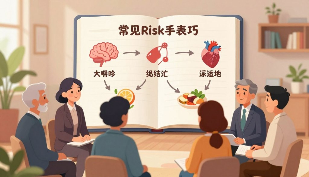 A serene and informative composition illustrating the causes and conditions behind cognitive impairment. In the foreground, a diverse group of middle-aged people in professional business attire engages in a thoughtful discussion, symbolizing family support. In the middle ground, a large, open medical chart displays common risk factors like aging, genetics, and lifestyle choices, all depicted through gentle, hand-drawn style arrows connecting to relevant images (e.g., a brain, heart, and food). The background features a calming, softly-lit consultation room with plants and bookshelves, creating a comforting atmosphere. The overall mood is supportive and educational, with warm lighting that encourages understanding and hope. Use a soft focus lens to enhance the warmth and clarity of the scene.