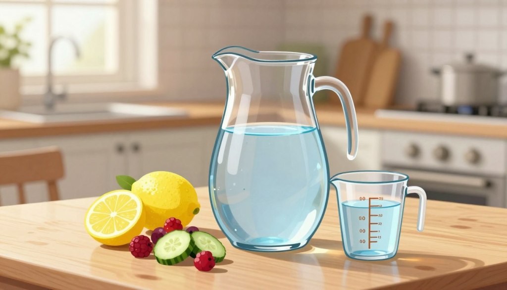 A serene and informative scene depicting a clear glass pitcher filled with fresh water, placed prominently on a light-colored wooden table in the foreground. Beside the pitcher, there is a measuring cup marked with fluid ounce measurements, suggesting precise tracking of hydration. In the middle ground, a small variety of fruits—such as lemon slices, berries, and cucumber—are arranged around the pitcher, symbolizing natural hydration options. The background features a softly blurred kitchen environment, illuminated by warm, natural light coming from a nearby window, creating a welcoming and healthy atmosphere. The mood should be calm and educational, focusing on the importance of hydration for seniors without any distractions. A serene and informative scene depicting a clear glass pitcher filled with fresh water, placed prominently on a light-colored wooden table in the foreground. Beside the pitcher, there is a measuring cup marked with fluid ounce measurements, suggesting precise tracking of hydration. In the middle ground, a small variety of fruits—such as lemon slices, berries, and cucumber—are arranged around the pitcher, symbolizing natural hydration options. The background features a softly blurred kitchen environment, illuminated by warm, natural light coming from a nearby window, creating a welcoming and healthy atmosphere. The mood should be calm and educational, focusing on the importance of hydration for seniors without any distractions.