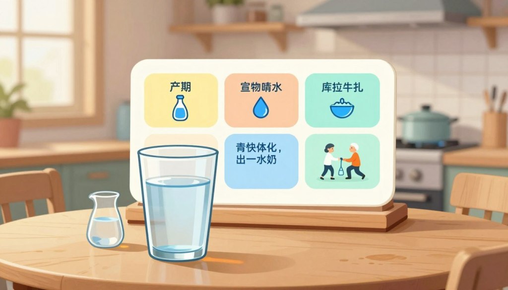 A serene and informative scene depicting water intake guidance for older adults. In the foreground, a clear glass of water sits on a wooden table, beside a small pitcher, evoking a sense of hydration. In the middle ground, a well-organized, colorful infographic with clear, simple visuals illustrates water intake recommendations and tips for seniors. The background features a softly blurred kitchen setting, with warm lighting filtering through a window, creating a welcoming atmosphere. The overall mood is calm and educational, promoting health and well-being. The composition should be balanced with a focus on clarity and minimalism, ensuring that the main elements convey the message of adequate hydration without excessive distractions.
