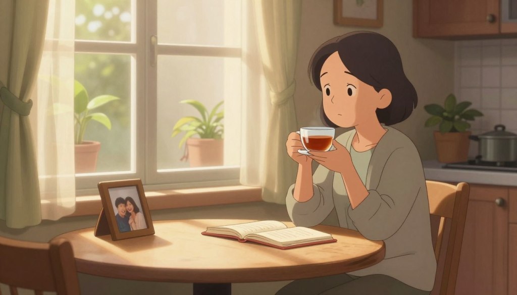 A serene and introspective scene depicting a widow experiencing loneliness in her daily life. In the foreground, a middle-aged woman sits at a small kitchen table, looking thoughtfully out of the window, a cup of tea cradled in her hands. She wears modest casual clothing and has a gentle, contemplative expression. In the middle ground, soft sunlight filters through sheer curtains, casting warm, golden tones across the room. The table has an open book and a framed photo of a happy memory beside her. In the background, a cozy living space with a couple of houseplants and empty chairs suggests a sense of absence. The mood is reflective and peaceful, capturing the quiet moments that embody loneliness. The lighting is soft and natural, enhancing the emotional depth of the scene.