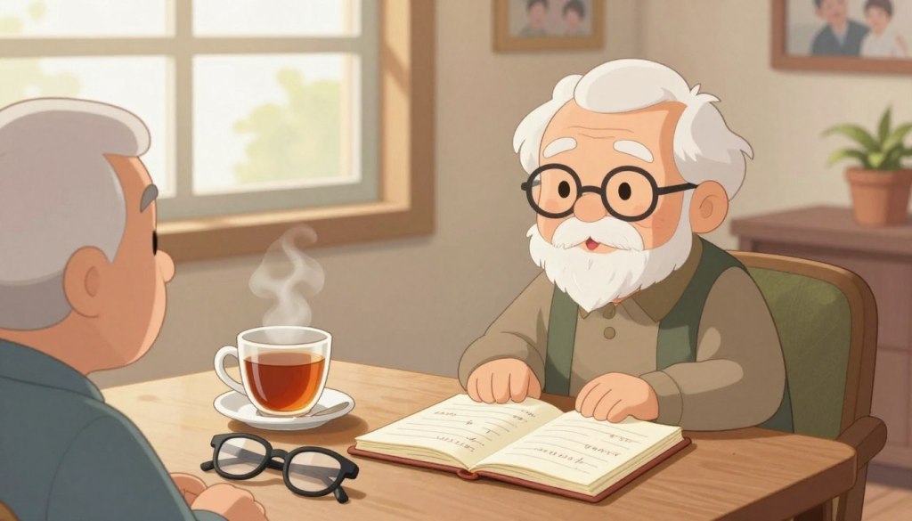 A serene and inviting coffee table scene that captures the essence of sharing life advice among seniors. In the foreground, a cozy arrangement of a steaming cup of tea or coffee, an open notebook filled with handwritten notes, and a pair of reading glasses resting nearby. In the middle ground, a gentle light filtering through a nearby window highlights a portion of the room decorated with soft, warm colors and comfortable furniture, suggesting a relaxed atmosphere for meaningful conversation. In the background, subtle details like potted plants and family photographs emphasize a sense of wisdom and nostalgia. The overall mood is warm, thoughtful, and encouraging, evoking a feeling of connection and respect for shared wisdom. Natural lighting from the window creates a soft glow, enhancing the intimate setting.