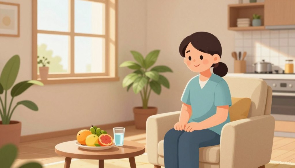 A serene and inviting home environment representing health and well-being. In the foreground, a cozy living room with a comfortable armchair and a small table displaying fresh fruits and a glass of water, symbolizing nourishment. In the middle ground, a window allowing soft, warm natural light to pour in, casting gentle shadows across the room. A potted plant in the corner adds a touch of greenery, enhancing the atmosphere of calm. In the background, a glimpse of a kitchen area, tidy and organized, suggesting a healthy lifestyle. The scene should convey warmth and care, creating a supportive space for caregivers and their loved ones. The overall mood should feel positive and nurturing, promoting the importance of understanding health and changing needs.