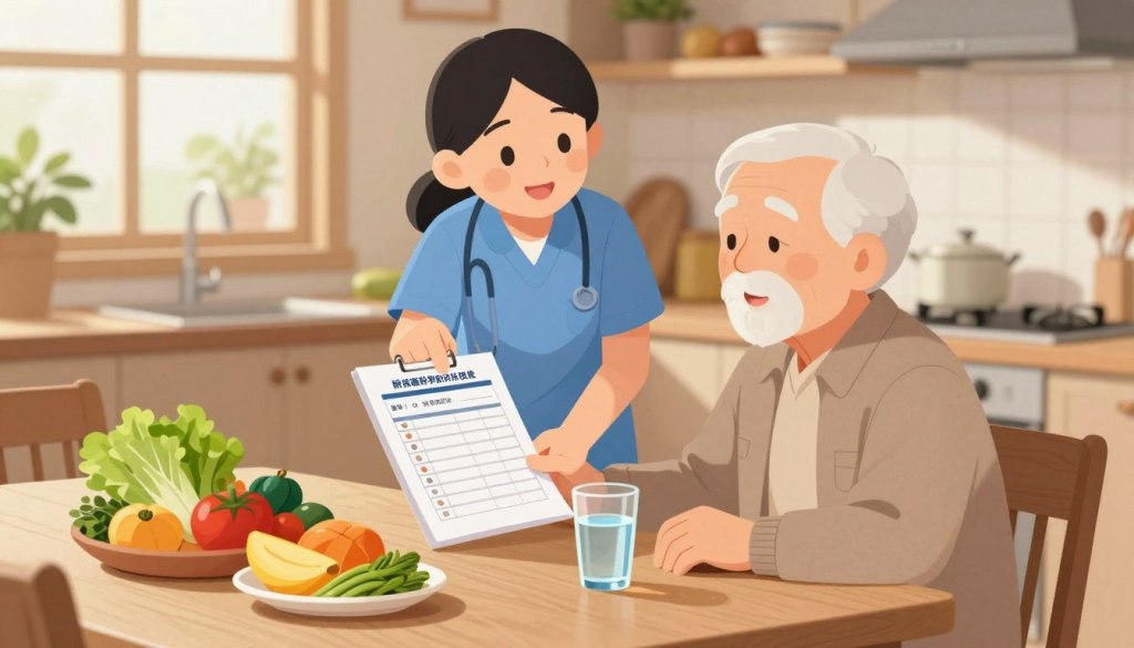 A serene and inviting home environment where an elderly individual sits at a kitchen table, engaged in a nutrition screening process. In the foreground, a well-organized table displays various healthy food items, a checklist for malnutrition risk assessment, and a glass of water. The elderly person, wearing modest casual clothing, appears attentive and focused, with a gentle smile. In the middle ground, a friendly caregiver, dressed in professional attire, gestures towards the checklist, showing support and guidance. The background features warm lighting from a nearby window, highlighting a cozy kitchen filled with plants and wholesome ingredients. The overall mood is supportive, emphasizing the importance of early action in preventing malnutrition in older adults, providing a sense of care and community. A serene and inviting home environment where an elderly individual sits at a kitchen table, engaged in a nutrition screening process. In the foreground, a well-organized table displays various healthy food items, a checklist for malnutrition risk assessment, and a glass of water. The elderly person, wearing modest casual clothing, appears attentive and focused, with a gentle smile. In the middle ground, a friendly caregiver, dressed in professional attire, gestures towards the checklist, showing support and guidance. The background features warm lighting from a nearby window, highlighting a cozy kitchen filled with plants and wholesome ingredients. The overall mood is supportive, emphasizing the importance of early action in preventing malnutrition in older adults, providing a sense of care and community.