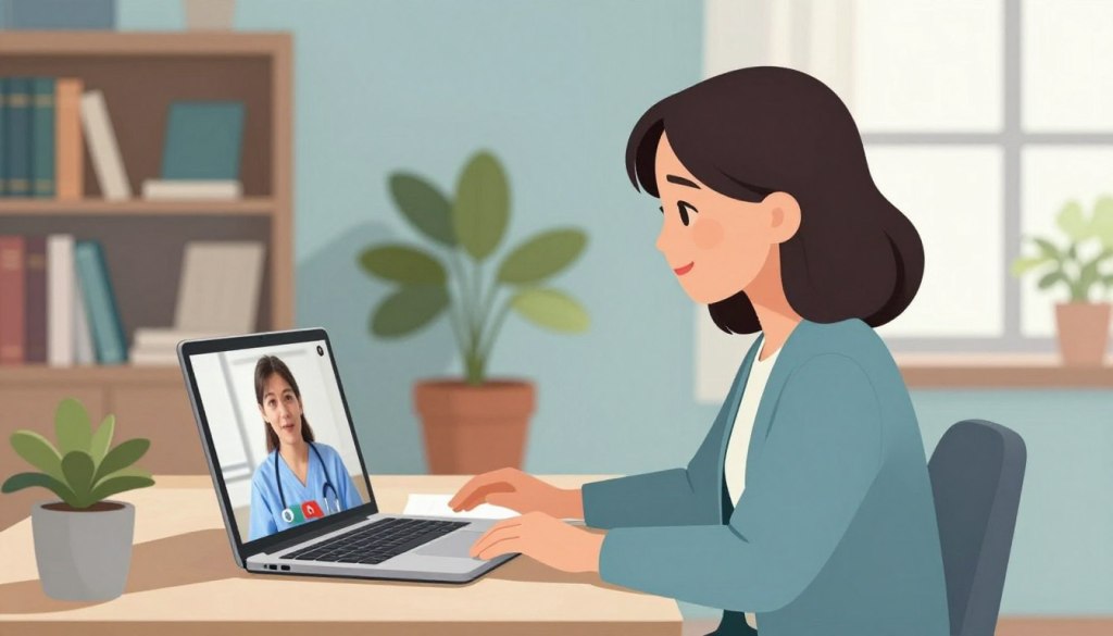 A serene and inviting home office setting, featuring a subtle color palette of soft blues and greens. In the foreground, a middle-aged woman dressed in smart casual clothing is seated at a desk, smiling while engaged in a video call. On her laptop screen, another caregiver appears, looking attentive and supportive. In the middle ground, a potted plant adds a touch of warmth and life. The background showcases a neatly organized bookshelf filled with caregiving resources, and soft natural light filters in through a large window, creating a calm and focused atmosphere. The overall mood is one of connection and reliability, emphasizing the importance of effective communication in long-distance caregiving.