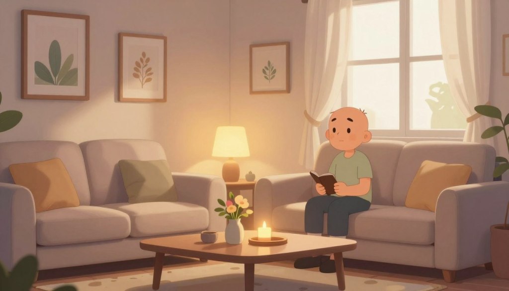 A serene and inviting indoor environment optimized for communication. In the foreground, a plush, soft couch with neutral-toned cushions invites comfort. In the middle, a coffee table featuring a small vase with fresh flowers and a few calming objects, like a lit candle. To one side, a gently glowing lamp emits warm, soft light, creating a cozy atmosphere. The background showcases soft, muted wall colors and framed nature-themed artwork that promotes tranquility. A large window allows gentle, natural light to filter in, with sheer curtains billowing slightly. The overall mood is calm, warm, and welcoming, ideal for fostering open conversations and connection. The scene is devoid of people, emphasizing a peaceful space conducive to communication.