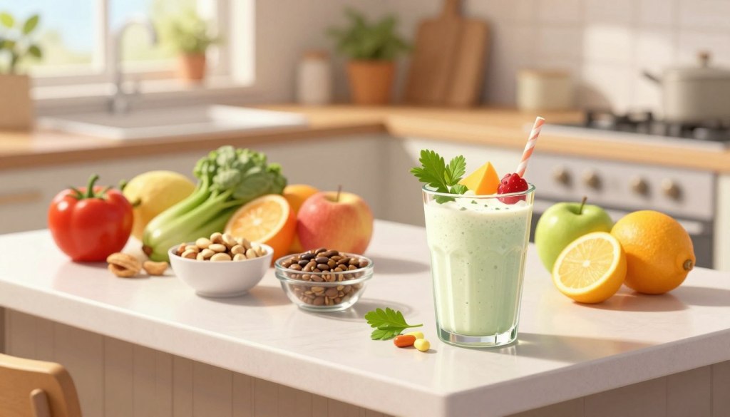 A serene and inviting kitchen setting, showcasing a well-lit countertop with an assortment of vibrant fruits and vegetables symbolizing vitamins and minerals. In the foreground, a glass of protein shake sits prominently, garnished with fresh herbs and colorful fruits, highlighting its nourishing value. In the middle ground, small bowls filled with nuts, seeds, and supplements are artfully arranged, emphasizing bone health and nutritional diversity. The background features a soft-focus healthy lifestyle scene, perhaps with a light-filled window and potted plants, evoking a warm atmosphere. The angle is slightly overhead, capturing depth and inviting viewers in, with natural lighting that enhances the freshness of the ingredients. The overall mood is uplifting and encouraging, promoting wellness and vitality for seniors.