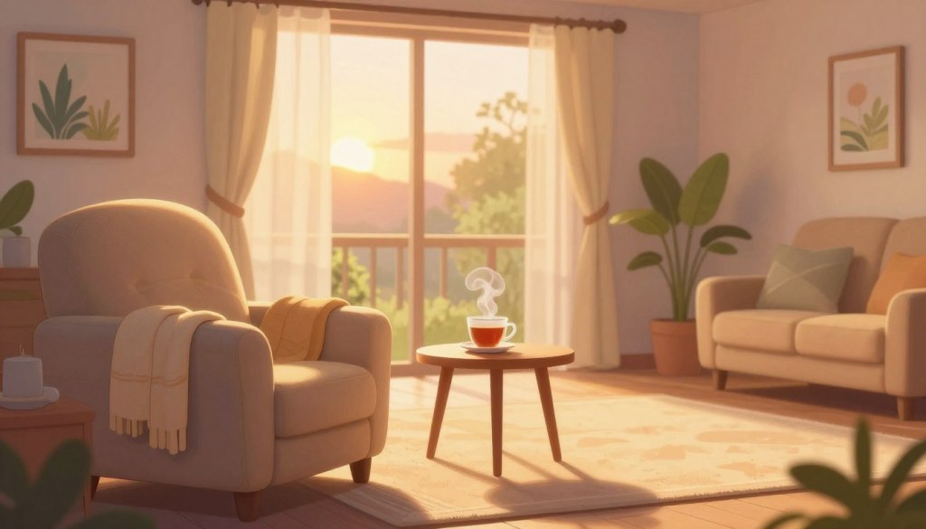 A serene and inviting living room setting during the golden hour of sunset. In the foreground, a cozy armchair, draped with a soft blanket, is positioned next to a small side table with a steaming cup of tea. In the middle ground, a gentle, soft light filters through sheer curtains, casting warm hues across the space. On the walls, calming artwork featuring nature scenes enhances the tranquil ambiance. In the background, a potted plant adds a touch of greenery, contributing to a comforting atmosphere. The room should have an open, spacious feel, evoking a sense of safety and warmth, inviting someone to settle in and share their feelings. The overall mood is peaceful, supportive, and encouraging. A serene and inviting living room setting during the golden hour of sunset. In the foreground, a cozy armchair, draped with a soft blanket, is positioned next to a small side table with a steaming cup of tea. In the middle ground, a gentle, soft light filters through sheer curtains, casting warm hues across the space. On the walls, calming artwork featuring nature scenes enhances the tranquil ambiance. In the background, a potted plant adds a touch of greenery, contributing to a comforting atmosphere. The room should have an open, spacious feel, evoking a sense of safety and warmth, inviting someone to settle in and share their feelings. The overall mood is peaceful, supportive, and encouraging.