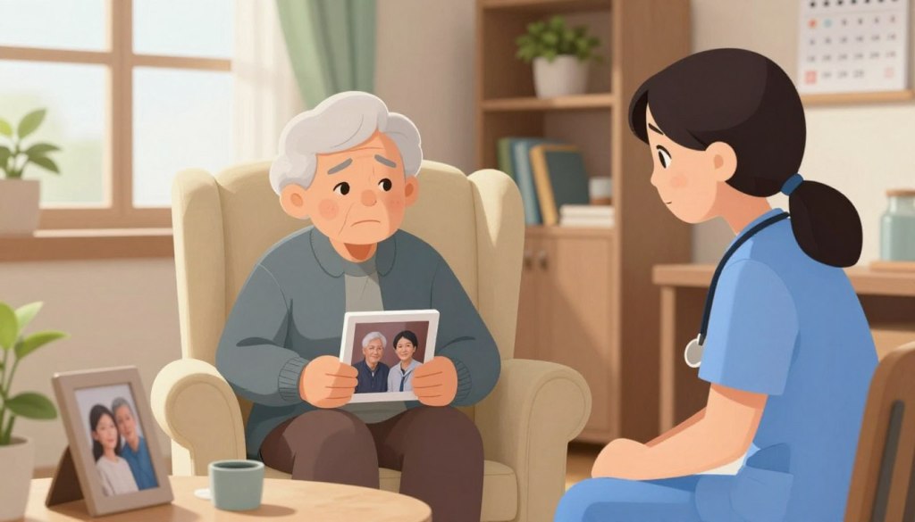 A serene and inviting room in a cozy nursing home, featuring a concerned caregiver attentively observing an elderly person sitting in a comfortable armchair. The elderly individual appears somewhat disoriented, surrounded by familiar objects like a family photo and a calendar, indicating a struggle with memory. Soft, natural lighting filters in through a window, highlighting their expressions. The foreground focuses on the caregiver’s empathetic expression, while the middle layer shows the elderly person holding a photo, reflecting confusion. In the background, shelves with books and plants create a gentle atmosphere, emphasizing the importance of cognitive health. The overall mood is warm yet serious, conveying the need for awareness about the signs of dementia.