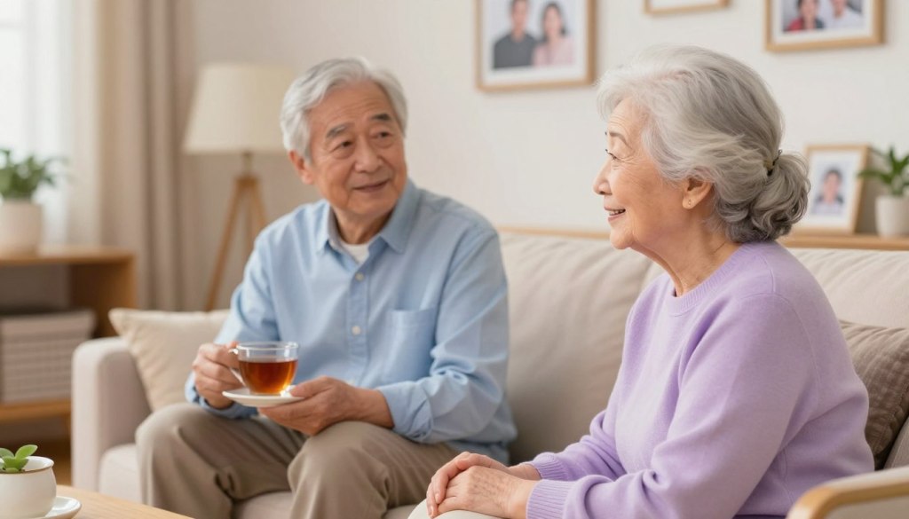 A serene and inviting scene depicting a gentle, warm conversation between two older adults in a cozy living room setting. In the foreground, a woman with silver hair, wearing a soft lavender sweater, is smiling gently as she listens, showcasing a validating and supportive demeanor. The middle layer features a man with gray hair in a light blue shirt, looking relaxed and engaged while holding a cup of tea. The background reveals a softly lit room with warm tones, filled with family photographs and plants, enhancing the atmosphere of comfort and connection. Soft, diffused lighting creates a calming ambiance, with a shallow depth of field focusing on the interaction, evoking feelings of warmth, compassion, and understanding in dementia-friendly communication.