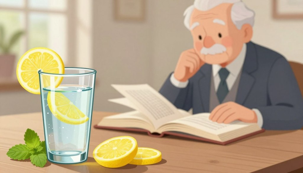 A serene and inviting scene focusing on hydration's impact on the aging brain. In the foreground, a clear glass of refreshing water sits alongside a few slices of lemon and mint leaves, symbolizing hydration. In the middle ground, an open book with pages fluttering gently, emphasizing the act of learning and memory. The background showcases a soft-focus image of an elderly person in professional attire, deep in thought, with a thoughtful expression as they contemplate the contents of the book. The warm, natural lighting creates an uplifting atmosphere, suggesting clarity and focus, while the angle is slightly elevated to provide depth and perspective, highlighting the connection between hydration and brain health.