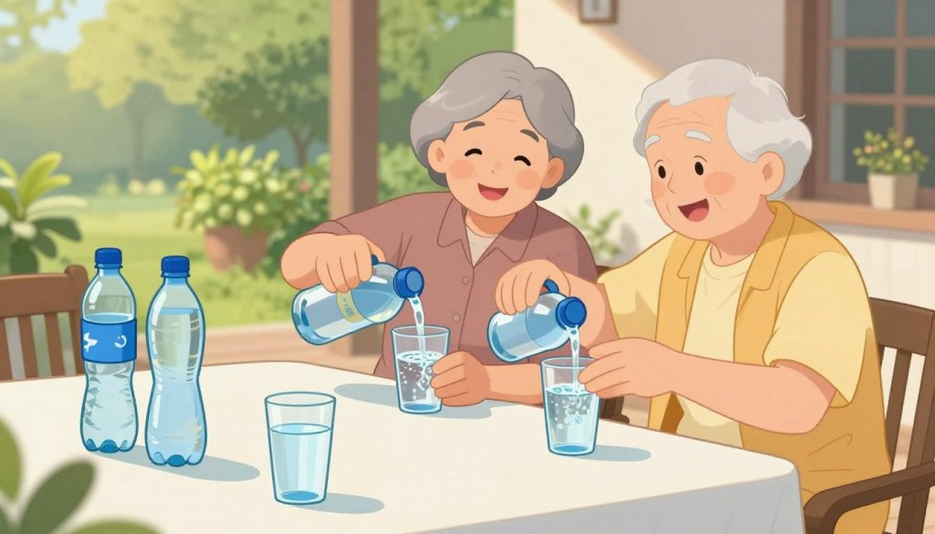 A serene and inviting scene illustrating water intake for adults, focusing on seniors staying hydrated in hot weather. In the foreground, a well-equipped table is adorned with various water bottles and glasses filled with refreshing, clear water. In the middle, an older adult couple, dressed in modest casual clothing, smiles as they pour water into their glasses, exuding a sense of togetherness and wellness. The background features a sunlit outdoor patio setting with lush green plants, enhancing the feeling of a warm summer day. Soft, natural lighting creates a cheerful and uplifting atmosphere, evoking a sense of hydration and health. The image is framed from a slightly elevated angle to capture both the details of the table and the enjoyment of the seniors.