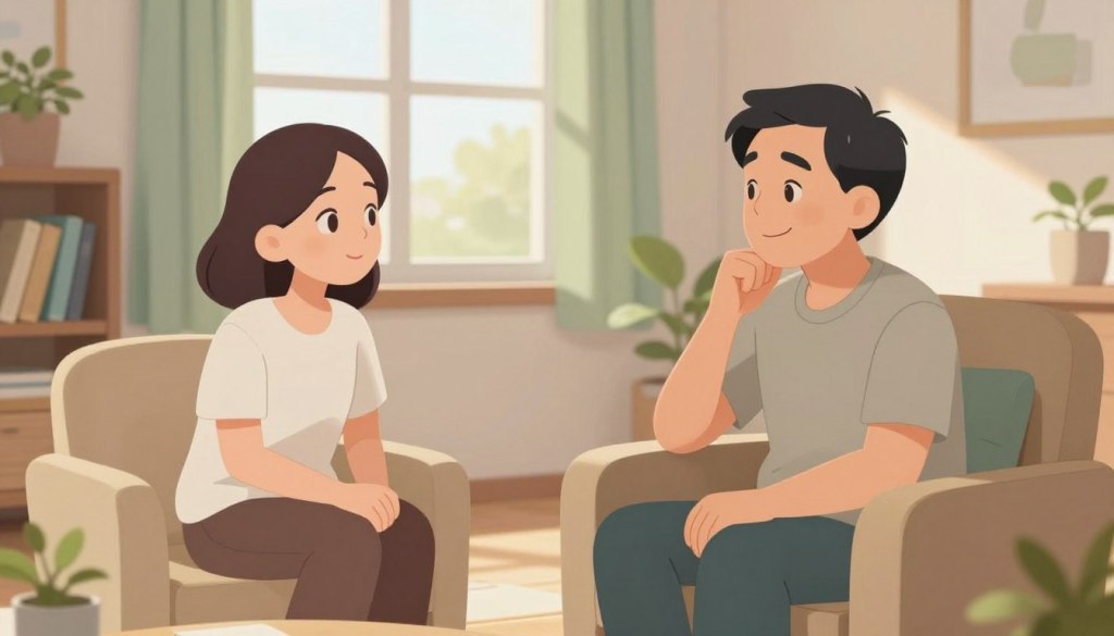 A serene and inviting scene in a cozy, well-lit living room, showcasing a middle-aged person in modest casual clothing, sitting comfortably in an armchair, engaged in conversation with a parent figure across from them. The parent, also in casual attire, appears thoughtful and engaged, with a warm smile, reflecting a sense of respect and openness. Sunlight filters through a large window, casting a gentle glow on a nearby shelf filled with books and plants. In the background, soft colors and simple decorations create a tranquil atmosphere, emphasizing a nurturing interaction that highlights autonomy and motivation without control. The focus is on the genuine connection and respect between the two figures, portrayed from a slightly elevated angle to capture the emotional depth of the moment. A serene and inviting scene in a cozy, well-lit living room, showcasing a middle-aged person in modest casual clothing, sitting comfortably in an armchair, engaged in conversation with a parent figure across from them. The parent, also in casual attire, appears thoughtful and engaged, with a warm smile, reflecting a sense of respect and openness. Sunlight filters through a large window, casting a gentle glow on a nearby shelf filled with books and plants. In the background, soft colors and simple decorations create a tranquil atmosphere, emphasizing a nurturing interaction that highlights autonomy and motivation without control. The focus is on the genuine connection and respect between the two figures, portrayed from a slightly elevated angle to capture the emotional depth of the moment.