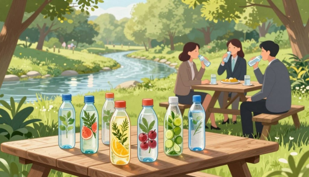A serene and inviting scene representing hydration throughout the day. In the foreground, a well-lit wooden picnic table holds a variety of clear water bottles filled with fresh fruits and herbs, radiating refreshment. In the middle ground, a park setting features lush green grass and healthy plants, with a gentle stream flowing nearby, reflecting the sunlight. People in the background, dressed in professional business attire, engage in light conversations while taking breaks to drink water, symbolizing a healthy hydration practice. The atmosphere is bright and cheerful, with soft, natural lighting filtered through the leaves of surrounding trees, creating a tranquil and refreshing mood that embodies wellness and health. A serene and inviting scene representing hydration throughout the day. In the foreground, a well-lit wooden picnic table holds a variety of clear water bottles filled with fresh fruits and herbs, radiating refreshment. In the middle ground, a park setting features lush green grass and healthy plants, with a gentle stream flowing nearby, reflecting the sunlight. People in the background, dressed in professional business attire, engage in light conversations while taking breaks to drink water, symbolizing a healthy hydration practice. The atmosphere is bright and cheerful, with soft, natural lighting filtered through the leaves of surrounding trees, creating a tranquil and refreshing mood that embodies wellness and health.