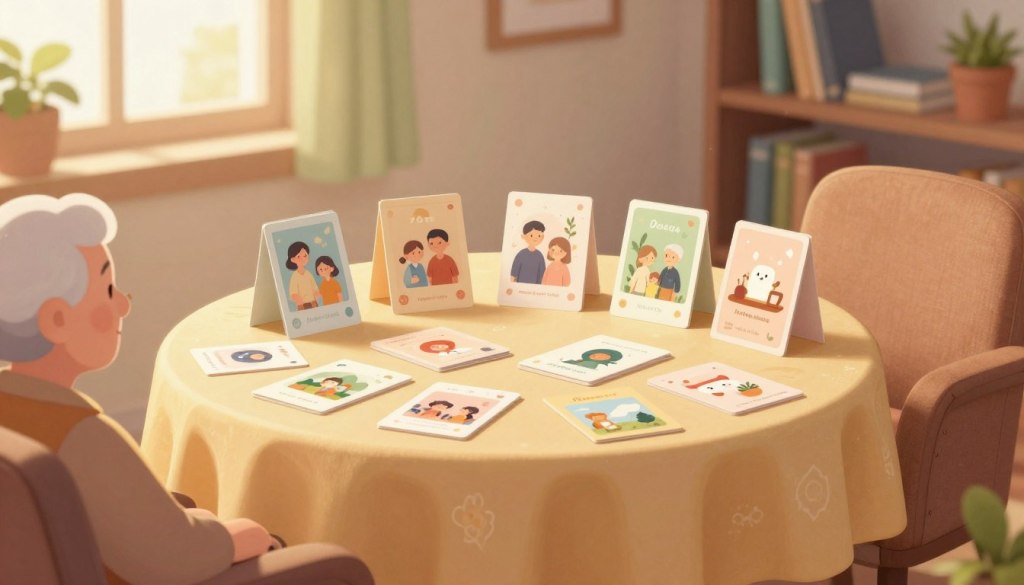 A serene and inviting scene set in a cozy living room, featuring a small, round table adorned with a warm tablecloth. On the table, a variety of conversation starter cards are neatly arranged, each card illustrated with soft, pastel colors and gentle imagery, such as family photographs, nature elements, and nostalgic objects. The foreground captures a comfortable armchair, inviting seniors to sit and engage. In the middle ground, a soft light pours through a window, illuminating the cards with a warm glow, creating a homely atmosphere. The background includes shelves filled with books and plants, suggesting a nurturing environment that sparks memories and meaningful conversations. The overall mood is calm, supportive, and reflective, encouraging connection and sharing.