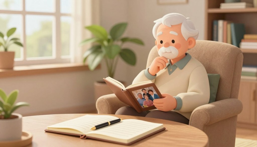 A serene and inviting senior living room setting, focused on a round table at the foreground where a beautifully arranged notebook and a pen rest, symbolizing goal setting. In the middle ground, an elderly person seated comfortably in a plush armchair, clad in modest casual clothing, reflects thoughtfully while examining a family photo album, showcasing moments of joy and memory. The background features soft natural light streaming through a large window, illuminating potted plants and a bookshelf filled with books on health and wellness. The atmosphere is warm and supportive, highlighting the essence of mindfulness and memory baseline awareness. The composition should evoke a sense of tranquility and introspection, captured with a soft focus to enhance the calm mood.