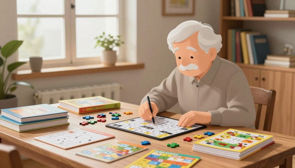 A serene and inviting study room featuring an older adult engaging in various brain games. In the foreground, a table is cluttered with puzzle books, crosswords, and memory games, showcasing a productive environment. The middle ground includes an elderly person wearing comfortable, modest clothing, deeply focused on a sudoku puzzle, surrounded by colorful game pieces scattered about. In the background, a window allows soft natural light to filter in, illuminating shelves filled with books on cognitive health. The lighting creates a warm and welcoming atmosphere, suggesting a peaceful afternoon of mental exercise. The image captures the essence of brain training, emphasizing cognitive engagement and the importance of mental fitness for older adults.