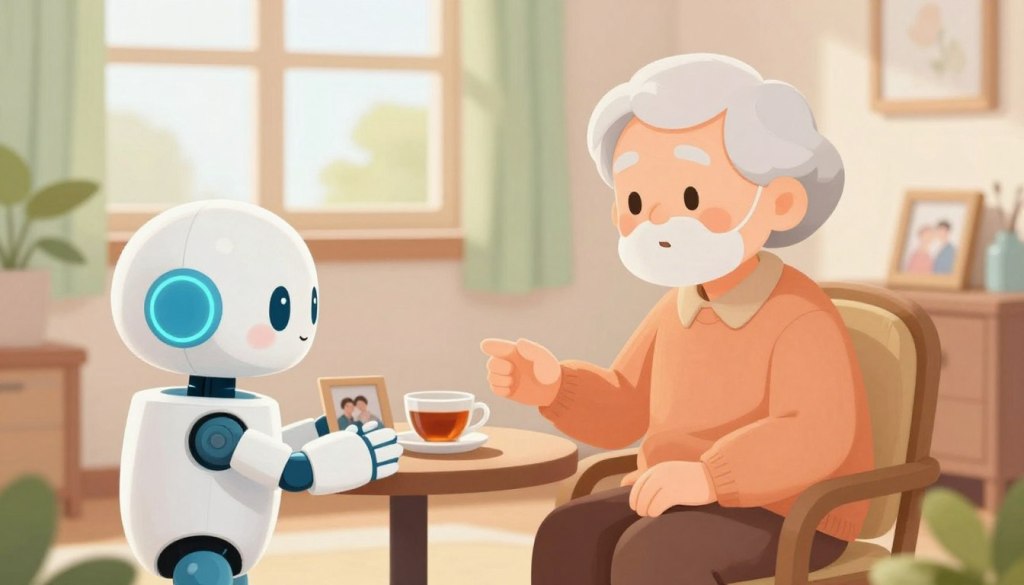 A serene and soothing environment depicting an elderly person sitting comfortably in a cozy, well-lit room, surrounded by soft pastel colors. In the foreground, a gentle, empathetic AI companion—a futuristic yet friendly robot—extends a hand towards the senior, symbolizing connection and support. The middle of the image showcases a small table with comforting items like a cup of tea and framed family photos, representing warmth and familiarity. The background features a window with natural light streaming in, illuminating the scene and enhancing the peaceful atmosphere. The overall mood should convey compassion and understanding, emphasizing the importance of personalized interaction for those experiencing memory issues and anxiety.