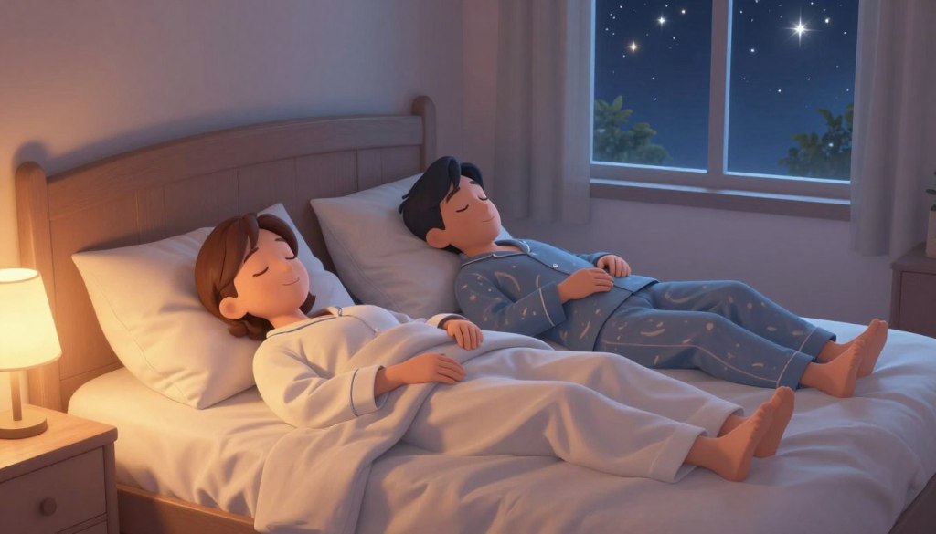 A serene bedroom scene, softly lit by the warm glow of a bedside lamp. In the foreground, an inviting, neatly made bed adorned with plush pillows and a cozy blanket, suggesting comfort and tranquility. The middle of the composition features a peaceful middle-aged couple, both dressed in modest pajamas, gently drifting into sleep, their expressions relaxed and content. In the background, a window reveals a peaceful night sky with twinkling stars, casting a calming ambiance. The overall atmosphere exudes tranquility and warmth, emphasizing the importance of quality sleep for well-being. The lighting is soft and soothing, creating a dreamlike quality that encourages relaxation and calmness. A serene bedroom scene, softly lit by the warm glow of a bedside lamp. In the foreground, an inviting, neatly made bed adorned with plush pillows and a cozy blanket, suggesting comfort and tranquility. The middle of the composition features a peaceful middle-aged couple, both dressed in modest pajamas, gently drifting into sleep, their expressions relaxed and content. In the background, a window reveals a peaceful night sky with twinkling stars, casting a calming ambiance. The overall atmosphere exudes tranquility and warmth, emphasizing the importance of quality sleep for well-being. The lighting is soft and soothing, creating a dreamlike quality that encourages relaxation and calmness.
